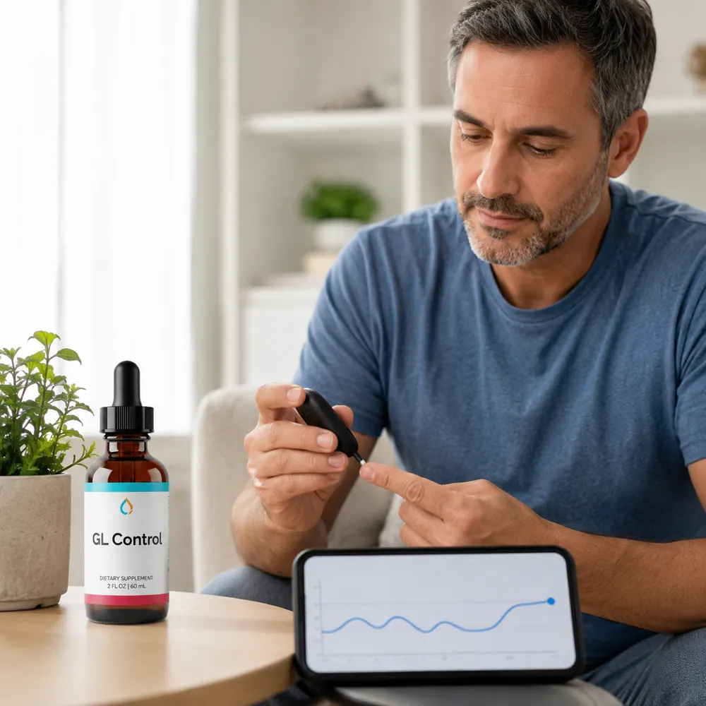 Adult checking glucose levels and preparing a healthy meal